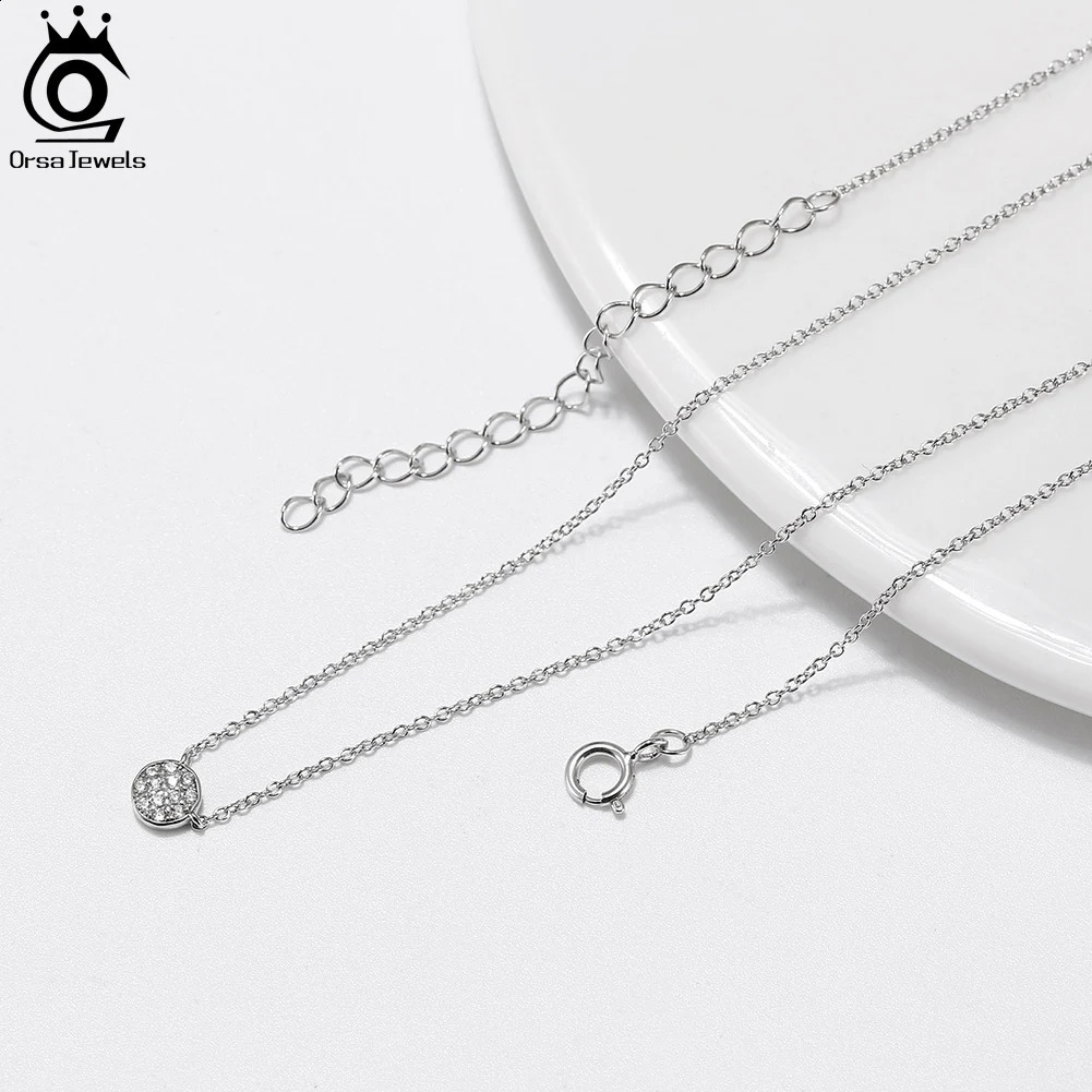 ORSA JEWELS Fashion 925 Pure Silver Jewelry Round Zircon Pendant Necklace Suitable for Women Fine Crystal Chain Necklace APN22 241018