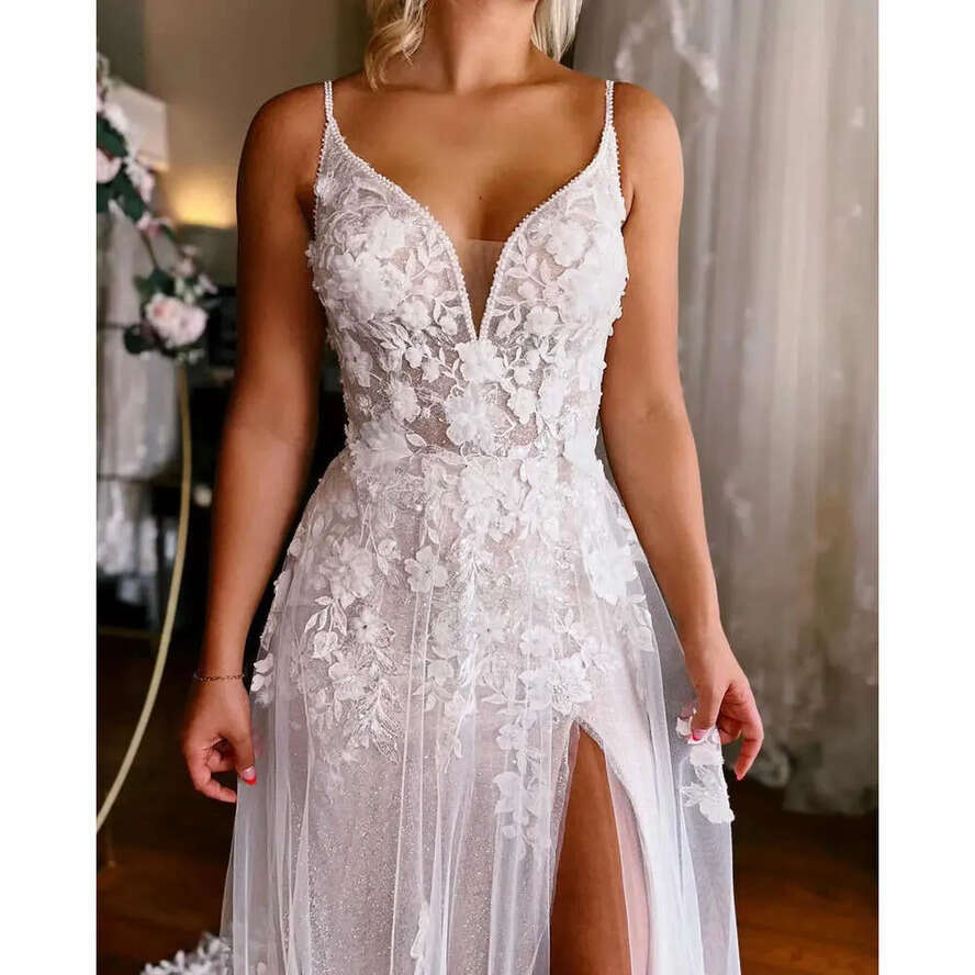 Summer Tulle Bohemian Elegant Lace Wedding Drs A E Backls Spaghetti Straps Appliqu Ruffl Long Bridal Gowns With Front Split Rob De Bc ppliqu