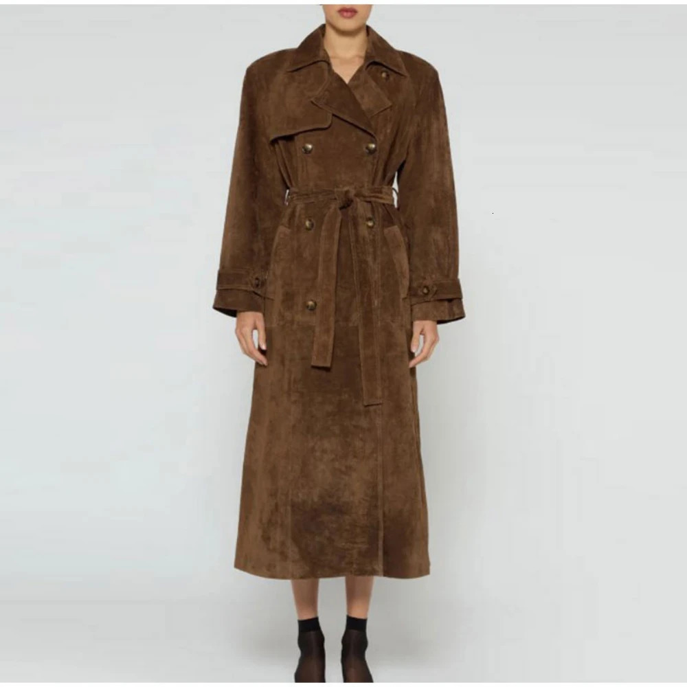 Elegant Suede Leather Belt Long Windbreaker Coat Fashion Double Button Lapel Oversize Jacket Autumn High Quality Streetwear 241018