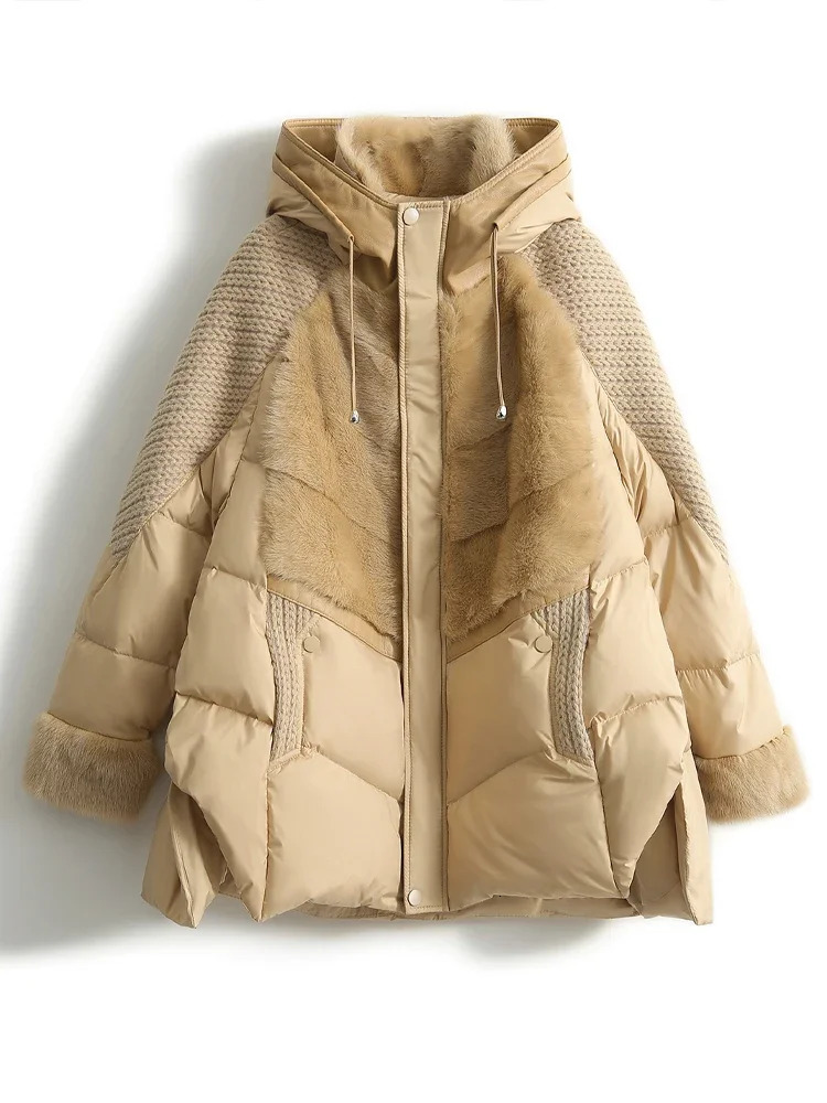 Winter Hooded Parker Female Loose Down Jacket Women Knitting Patchwork Warm Coat Cotton Padded Outerwear 241018