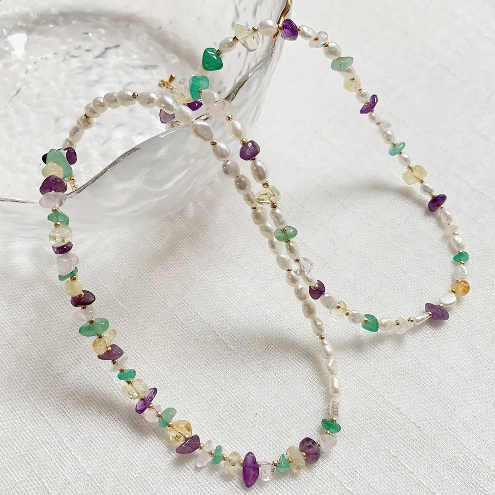Irregular chip natural crystal necklace amethyst lemon small Baroque pearl charm truly natural freshwater pearl necklace 241018
