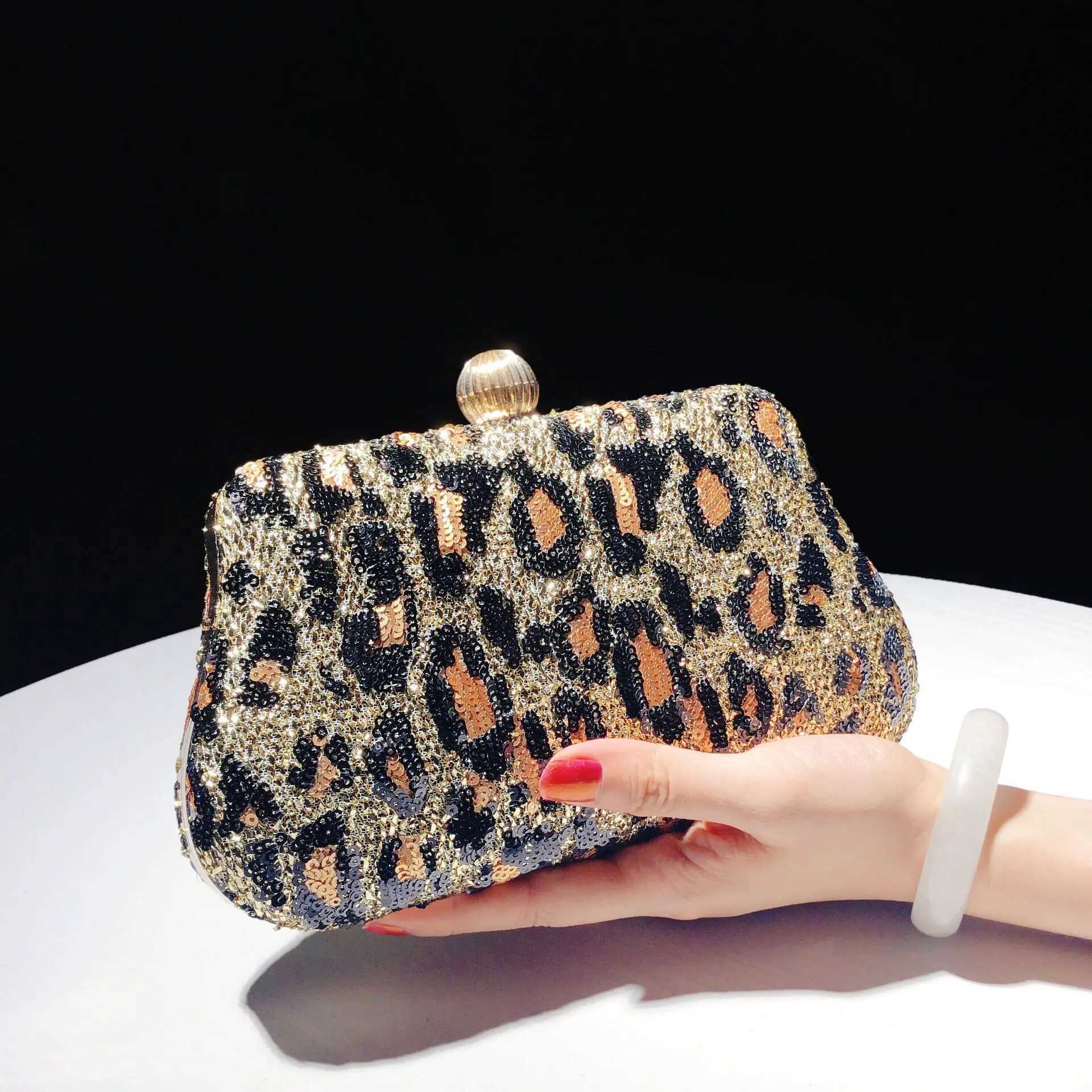 Fashionable womens dinner bag luxurious embroidered sequin top handbag shoulder handbag Leopard Print clutch wallet noble handbag Z241018