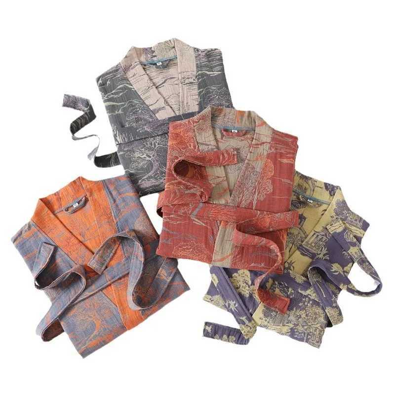 Fashion 100% Cotton Double-layer Gauze Kimono Robe Women men Bathrobe New Print Cardigan Sleepwear Night Grow Hotel Spa RobeXJ241018