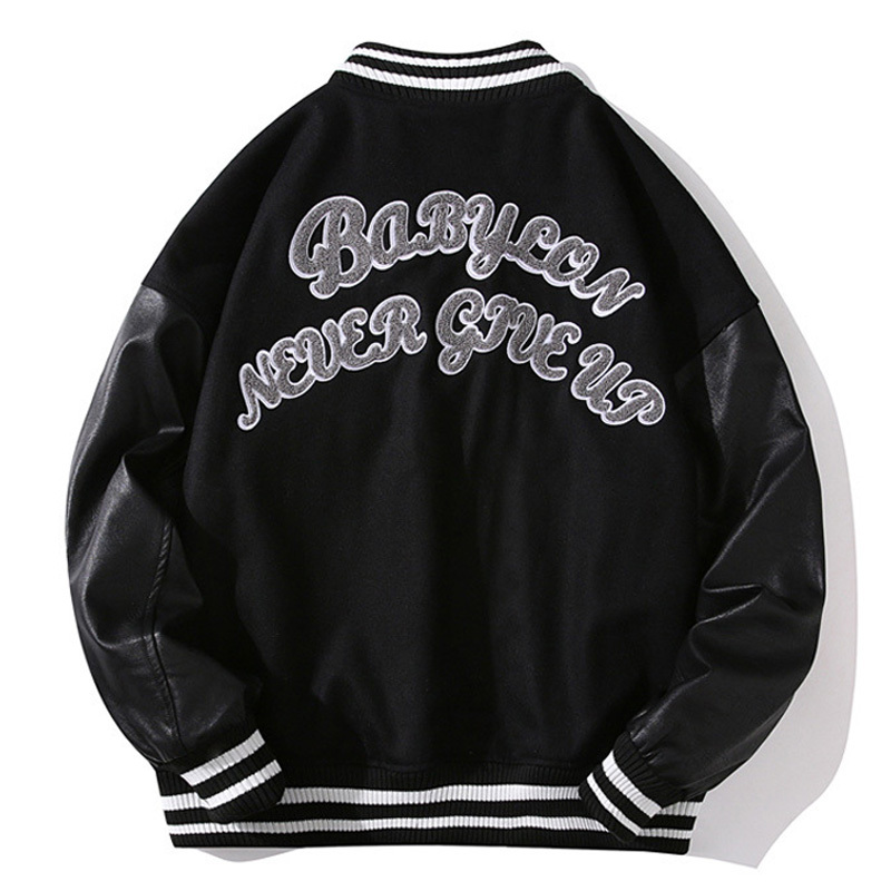 Spring Fall Ing Leather Sleeve Bomber Jacket Letter Embroidered Black Baseball Uniform Men Women Couple Casual Streetwear