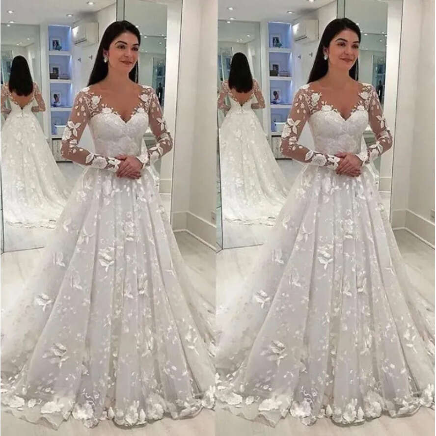 White Women Wedding Sexy Dress Deep V-Neck Long Mesh Lace Sleeve A-E Pleated Or-Length Dresses Es 0417 es