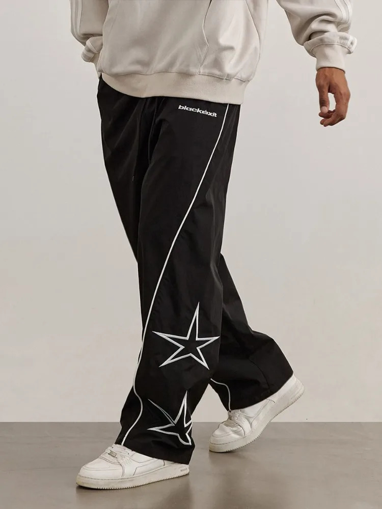 HOUZHOU Y2K Star Parachute Pants Men Streetwear Sports Wide Leg Trousers Male Workwear Hip Hop Harajuku Sweatpants Embroidery 241018