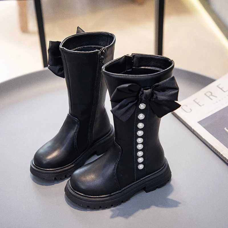 Boots Girls High Boots with Bow-knot Non-slip Fashion Children Pearls Elegant Princess Boots Side Zipper Kids Leather Long Boots H241018