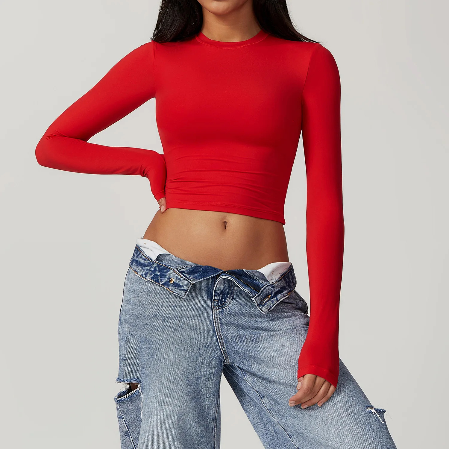 Women Yoga Tshirts Solid Sports Top Long Sleeve Running Shirts Sexy Exposed Navel Quick Dry Fitness Gym Workout Tops 241018