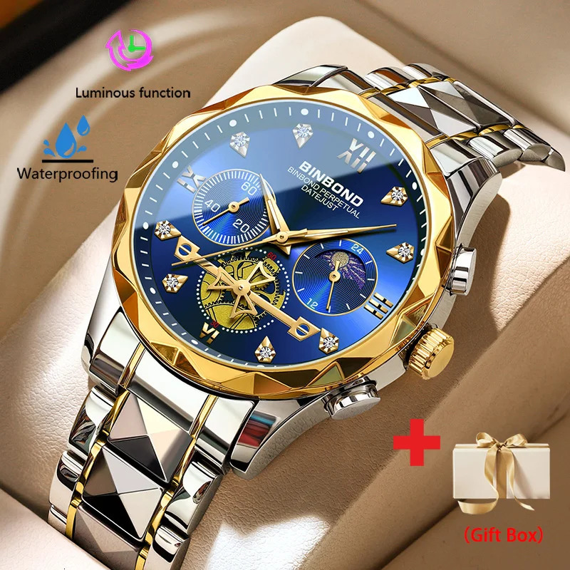 BINBOND Sports Watch Mens Waterproof Luminous Business Quartz Stainless Steel Fashion 241009