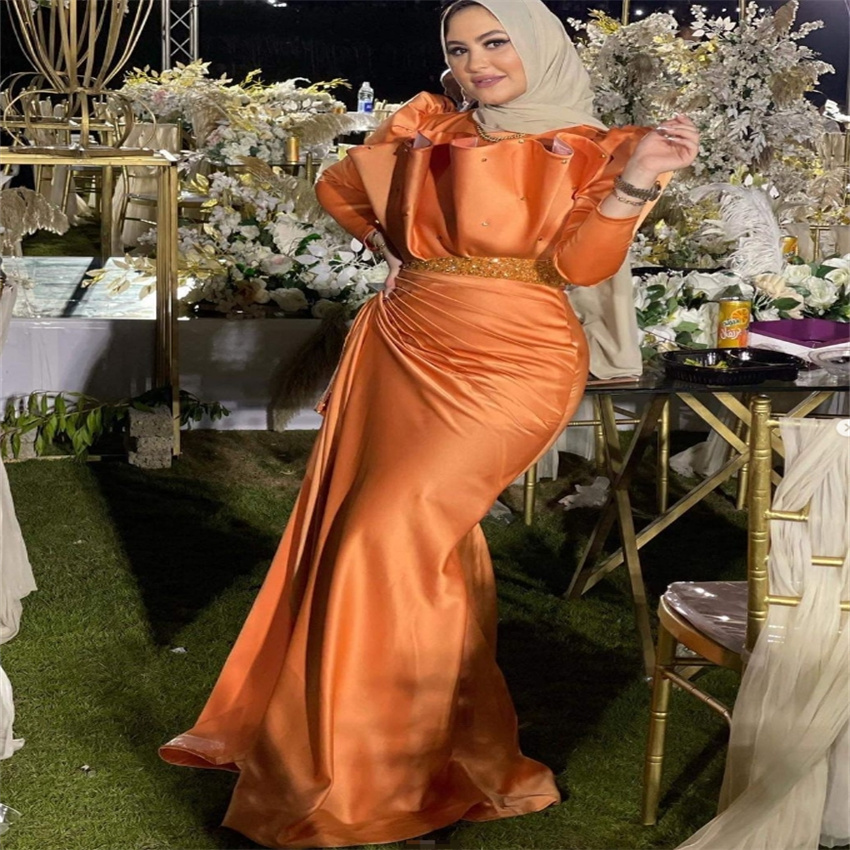 Stunning Orange Mermaid Evening Dresses 2025 Saudi Arabic Dubai Prom Dress Elegant Plus Size Long Sleeve Formal Dress Birthday Special Occasion Muslli