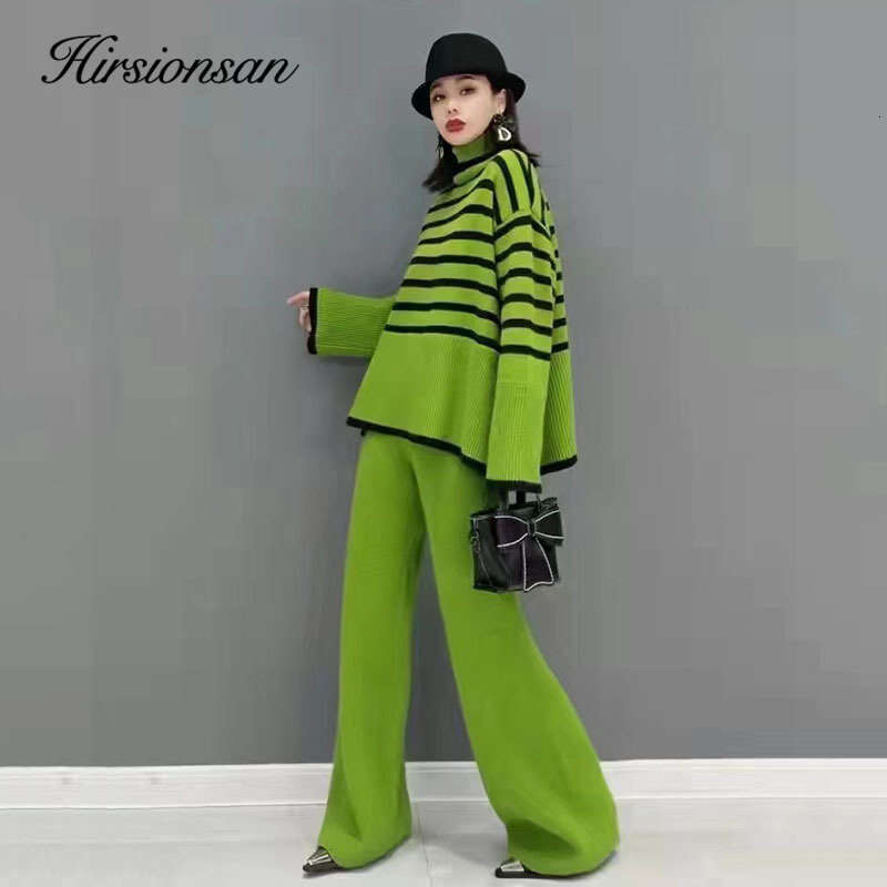 Hirsionsan Turtleneck Sweater And Wide-Leg Pants Two-Piece Suit Women Fashion Slim Loose Slit Knitted Sets Female Casual Outfits
