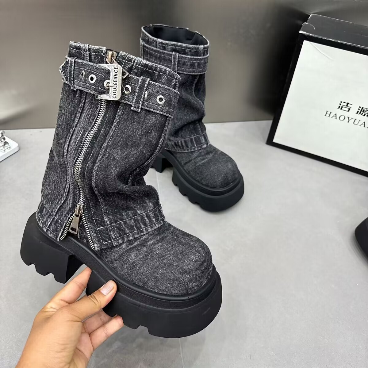 Martin boots 2024 new denim fake two-piece stacking boots motorcycle boots short boots spicy style zipper women's shoes