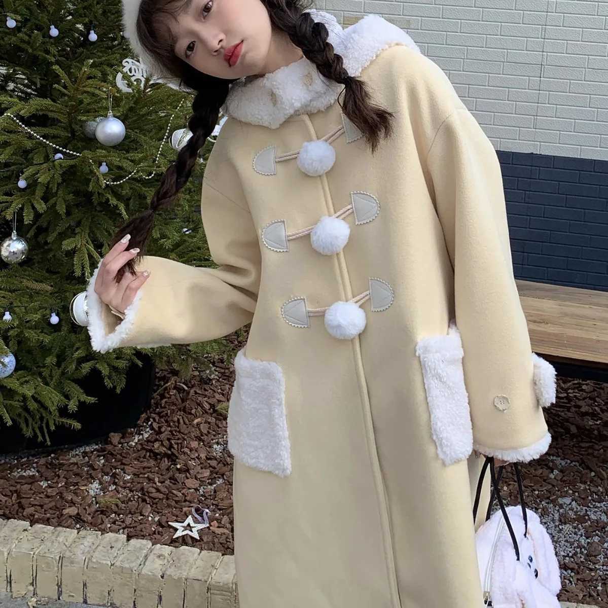 Womens Coat Milk Yellow Lamb Wool Cow Horn Button Woolen Outerwear Autumn Winter New Design Cute Sweet Female ClothingX241009