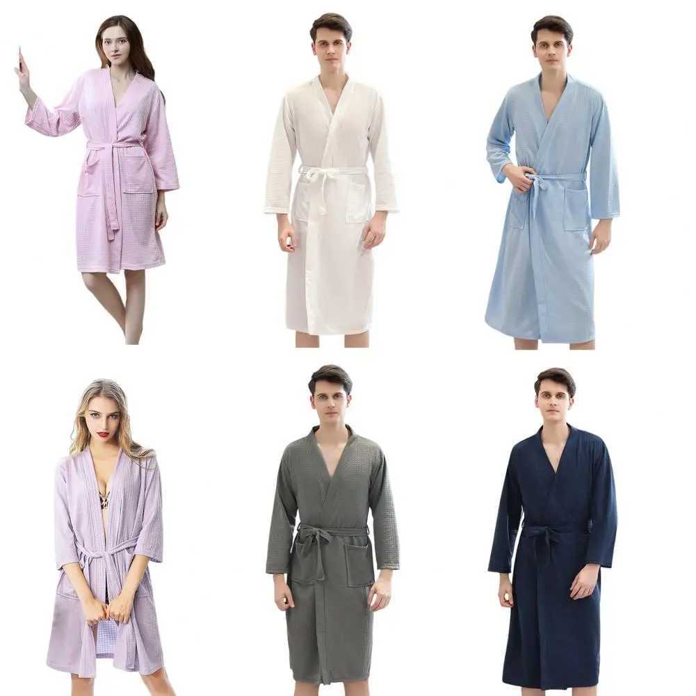 Men Bathrobe Waffle Long Style Solid Color Thin Soft Sleepwear Loose Cardigan Fall Nightgown Plush Shawl Bathrobe Kimono HomeXJ241018