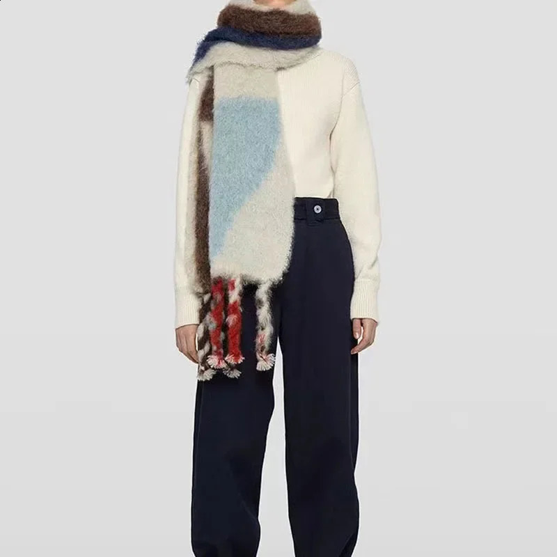 Mohair Contrast Gradient Scarf Thickened Tassel Colorful Fashion Couple Neckband Kawaii Winter Warm Cashmere Scarf Accessories 241009