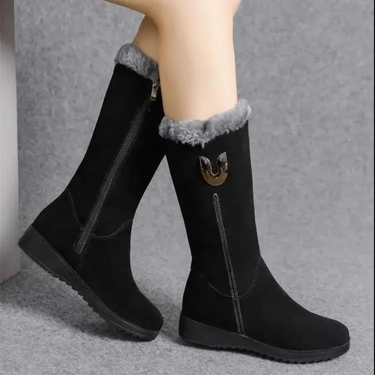 Womens Shoes Winter Warm High Fur Boots Womens Shoes Mid Leg Velvet Snow Flat Boots Zipper Fashion Botas De Mujer 35-41241018