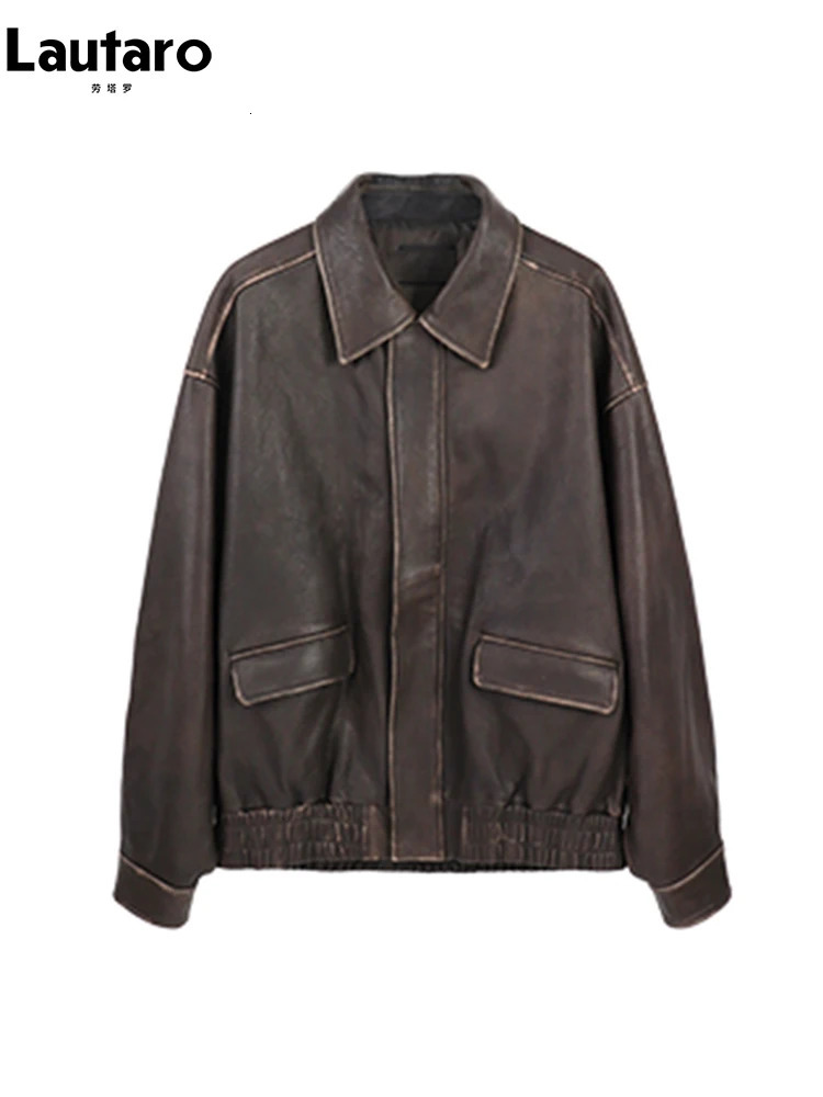 Lautaro Spring Autumn Cool Handsome Retro Oversized Distressed Brown Soft Faux Leather Jackets for Women Zipper Runway Fashion 241018