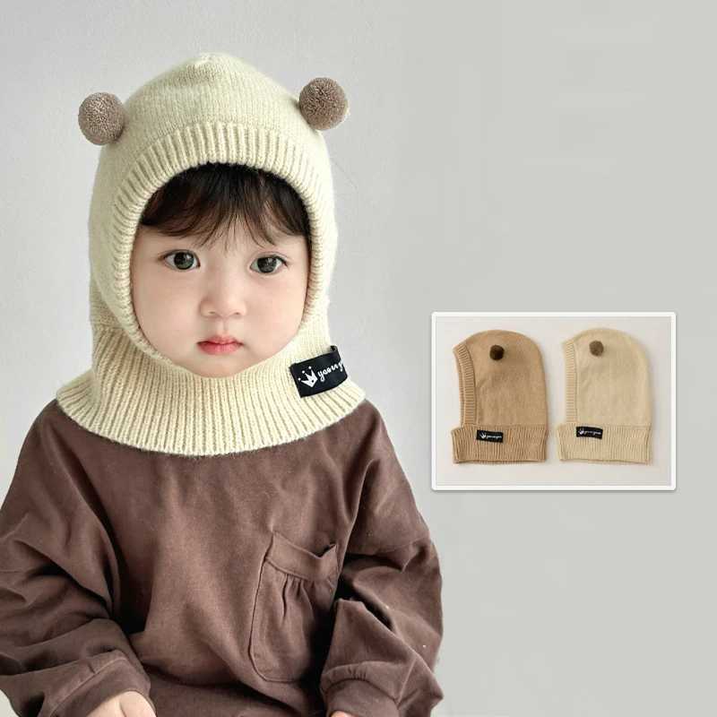 Cute Pompom Kids Balaclava Hat Winter Warm Ear Protection Cap Scarf One Piece Solid Color Wool Kids Beanie Caps LX241018