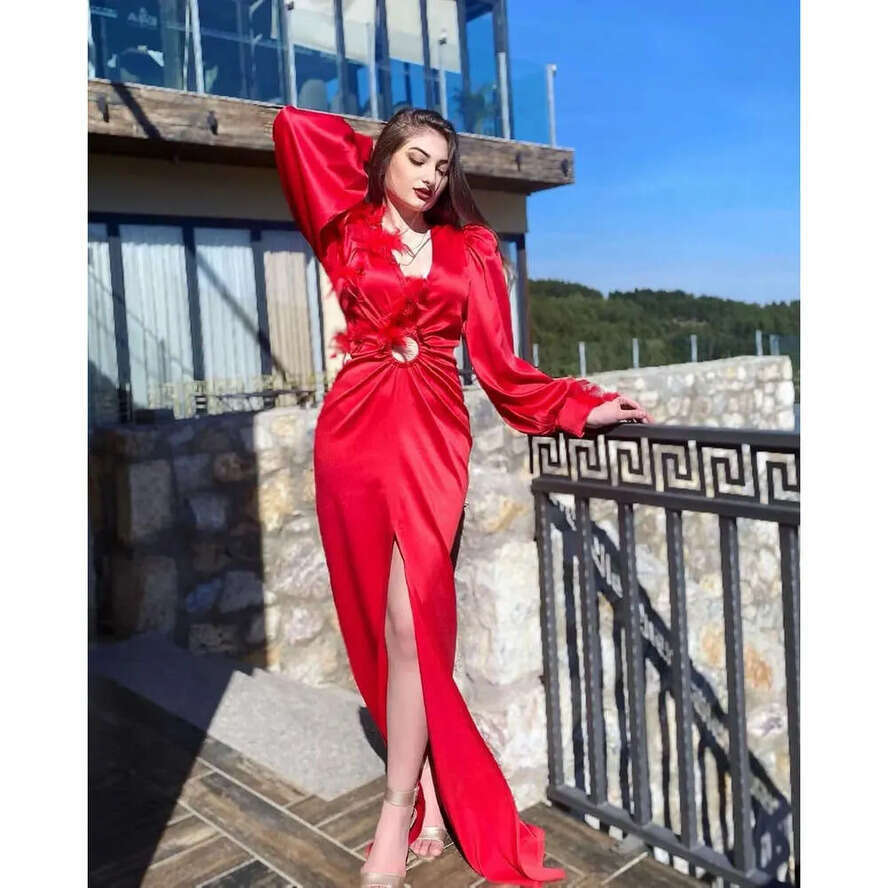 Sexy Feather Sleeve Red Dress Long With Beads Applique Lace Satin Formal Ocn Custom Made Or Length