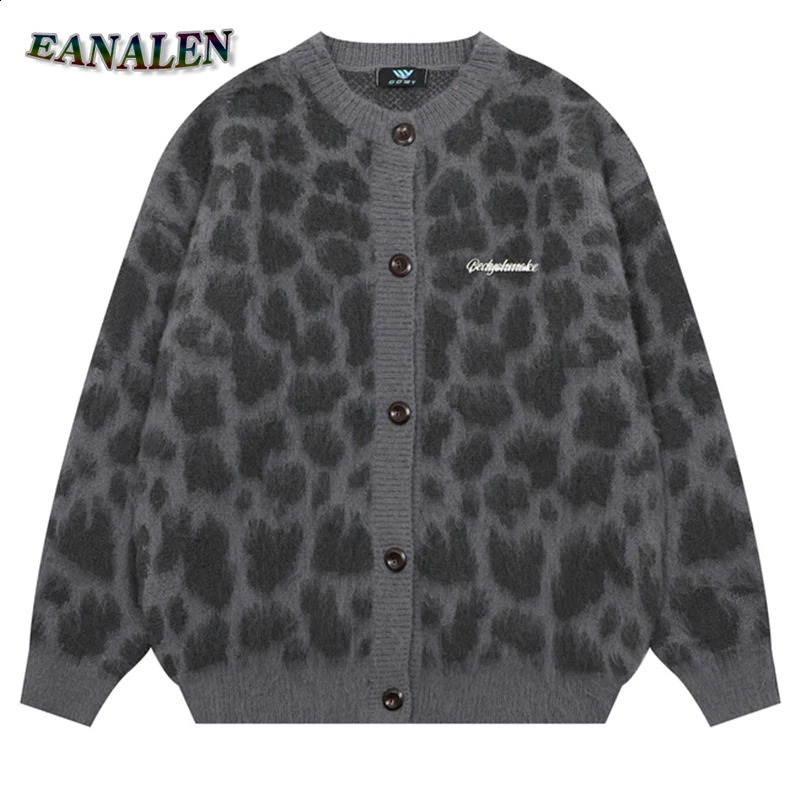 Harajuku retro leopard graphic sweater cardigan wool sweater womens winter casual oversized er skydiving grandpa ugly sweater jacket Y2K 241007