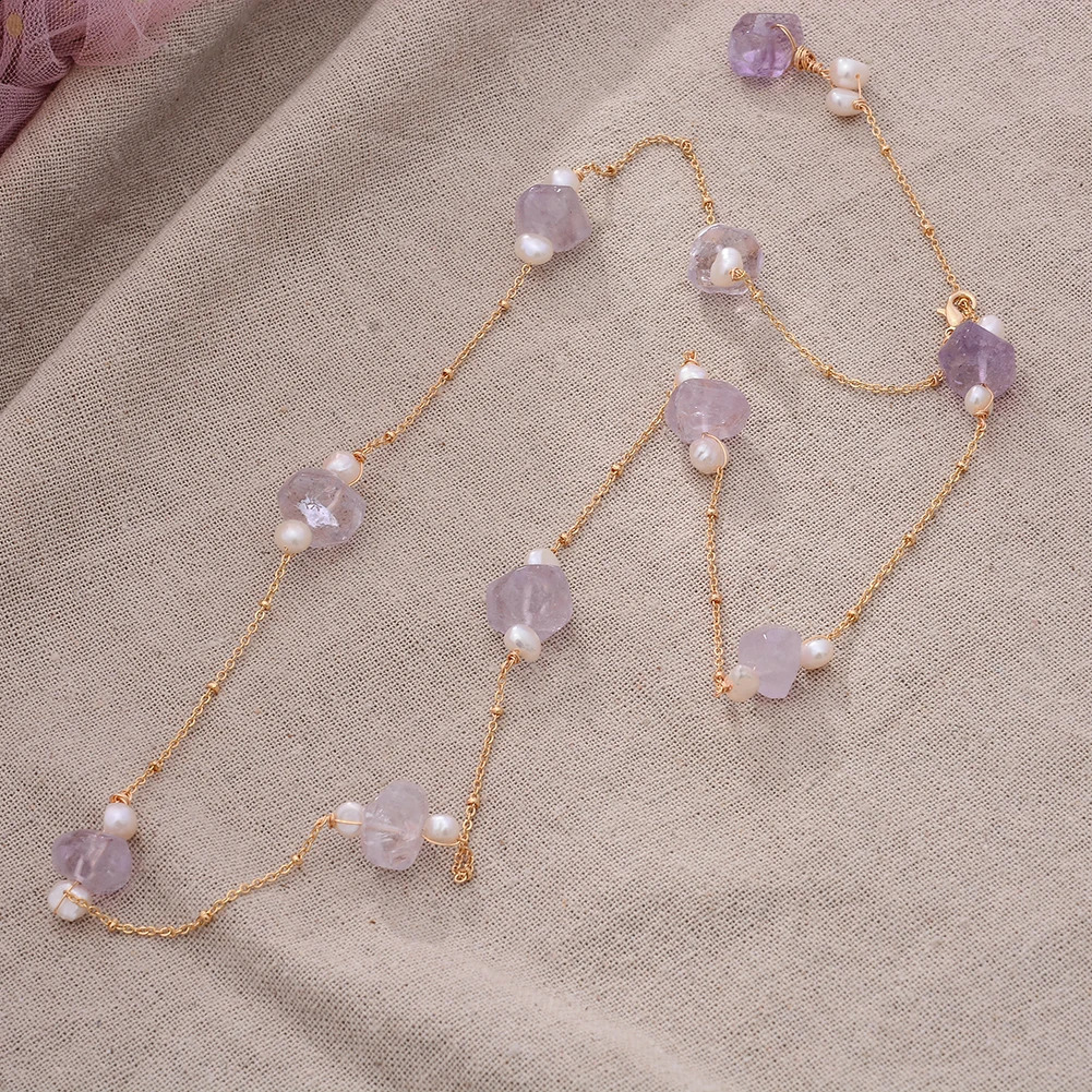 Original handmade 14K gold filled natural freshwater pearl large irregular amethyst womens long necklace womens sweater chain 241018