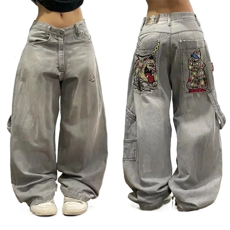 American Hip Hop Retro Gothic Print Jeans Women Y2K Street Selling Fashion Loose Straight Wide Leg Pants Unisex Joker Jeans 241017