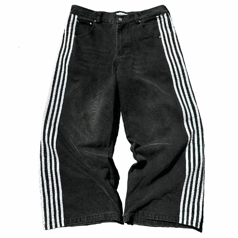 Baggy Jeans Harajuku Goth Y2k for Men Black Striped Hip Hop Embroidered Wide Leg Denim Pants High Street Streetwear 241018