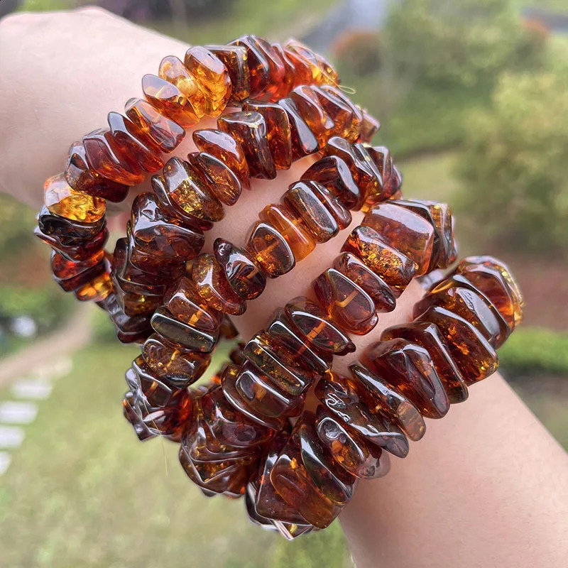 Large amber bracelet suitable for unisex unique natural genuine Piebald plants square irregular Diy beads exposed jewelry supplier 241018