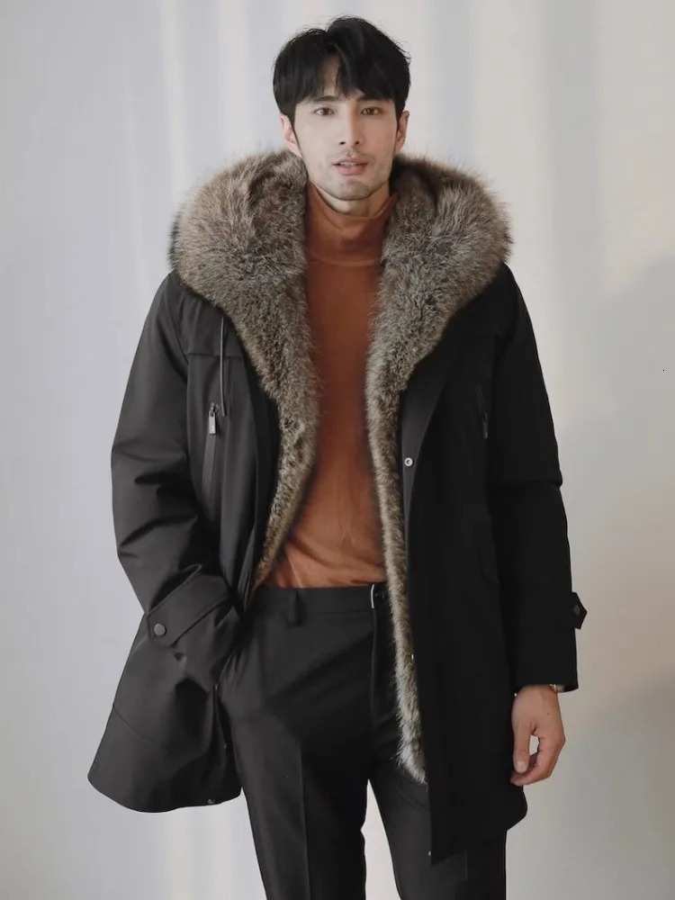 Casual Mens Windbreakers Coat HighQuality Warm Raccoon Fur Lining Winter Parkas Middle Length Hooded Overcoat Male Long Jacket 241018