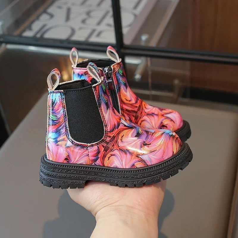 Boots Girls Ankle Boots Kids Chelsea Boots Fashion Flower Prints Rubber Outsole Toddlers Children Fashion Boots 2024 Autumn Winter New H241018