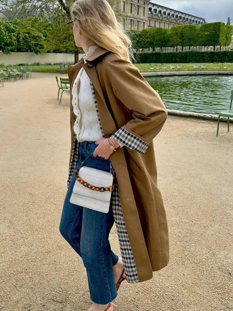 Autumn Pockets Long Trench Coat For Women Turn Down Collar Single Breasted Windbreak Jacket Female Elegant Street Chic Outerwear 241017