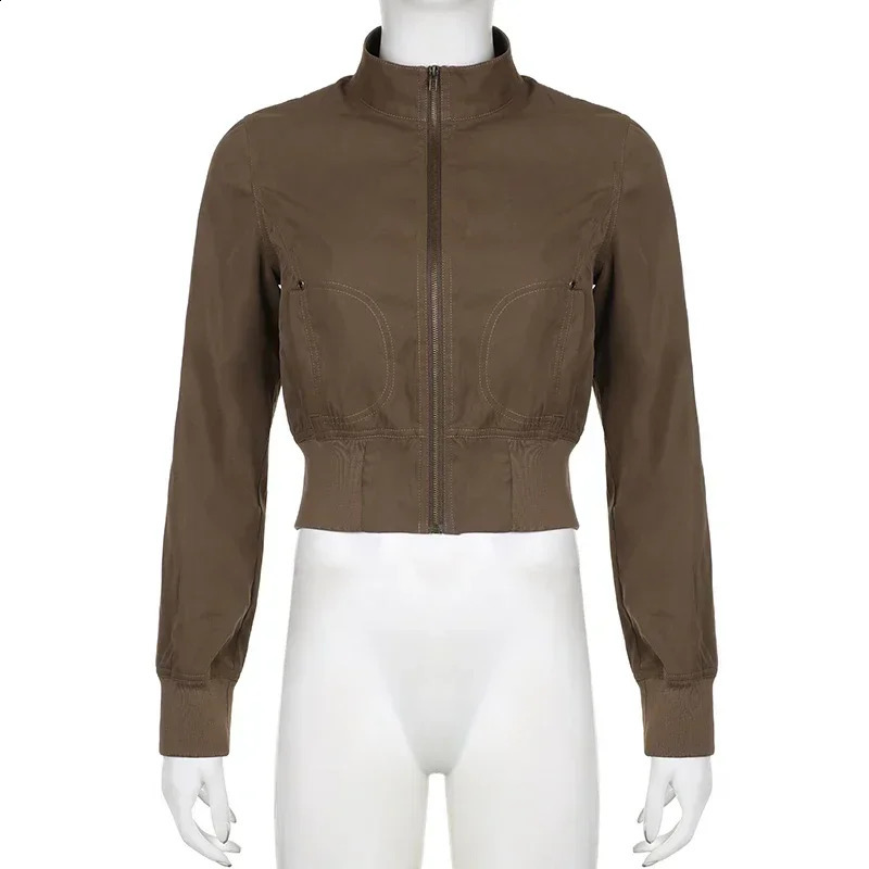 Casual Long Sleeves Pockets Cargo Coats Vintage Solid Slim Jackets Y2K Fashion Streetwear Aesthetic Zip Up Clothes 241010