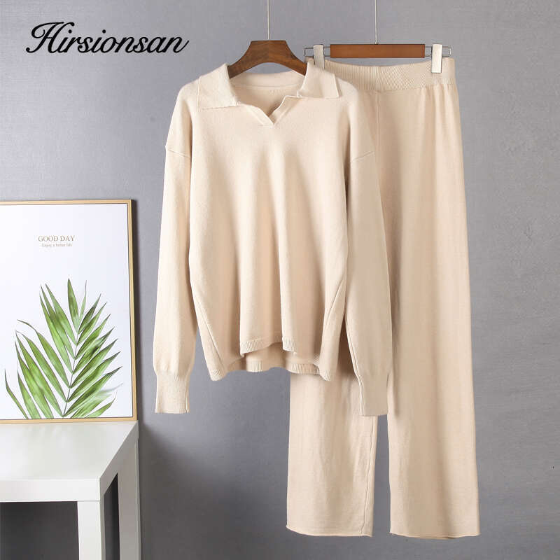 Hirsionsan Cashmere Turn Down Neck Knitted Sets Women 2023 Winter Casual Two Pieces Sweater And Pants Loose Outfits Tracuit