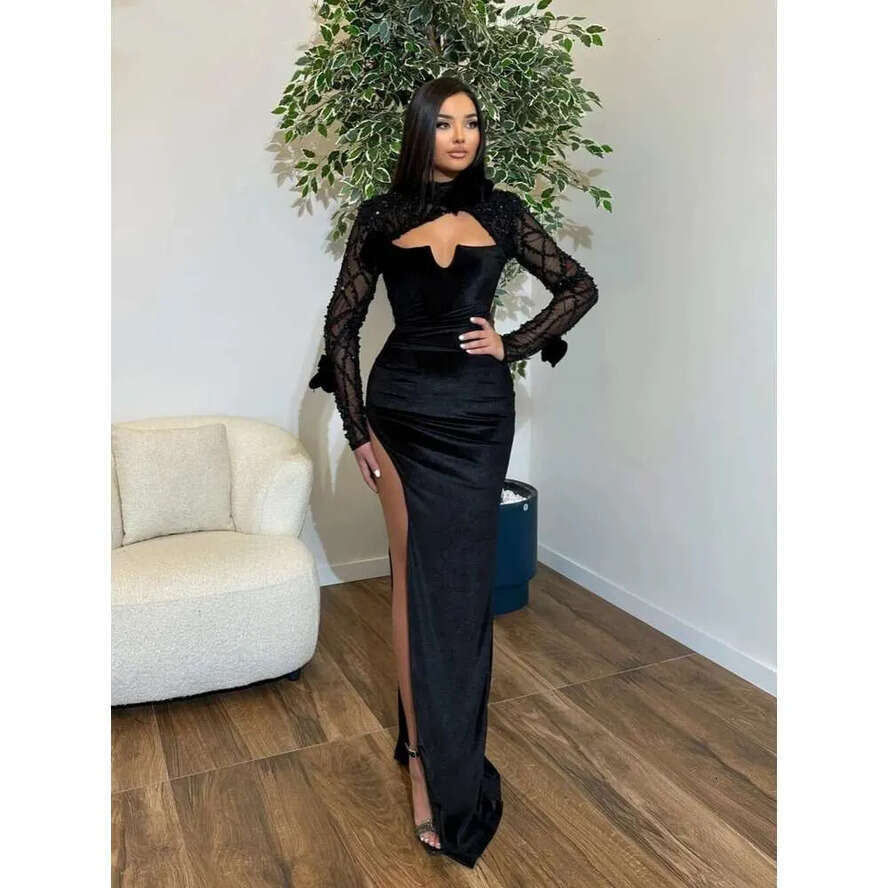 Neck Mermaid High Elegant Prom Dress Sequins Side Split Evening Long Sleeves Party Dresses Custom Made 0719 es