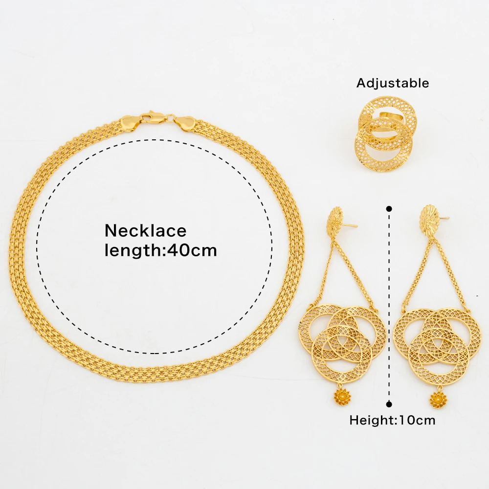Gold Color Jewelry Sets for Women Bridal Necklace Earrings Adjustable Ring Dubai African Banquet Wedding Ornament Gifts 241018