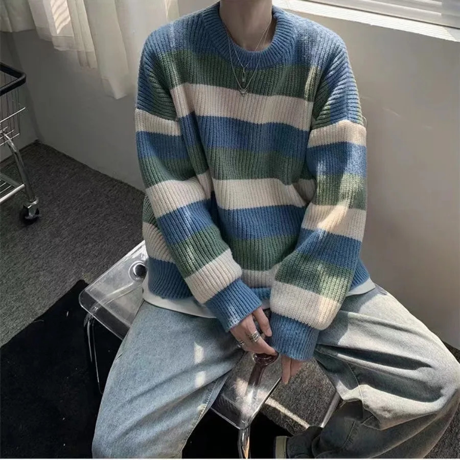 Warm Knitwear Thick Striped Mens Knit Sweater Fleeced Crewneck Round Collar Pullovers Male Vintage Long Sleeve Streetwear 241018
