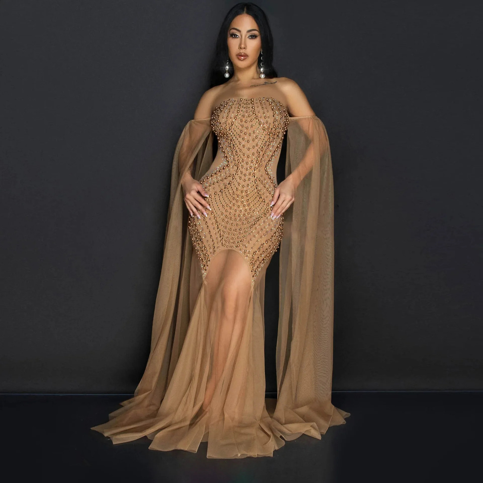 CM.YAYA womens pearl strapless mesh see through long skirt without back 2024 summer street Maxi party evening mermaid dress Vestido 241017