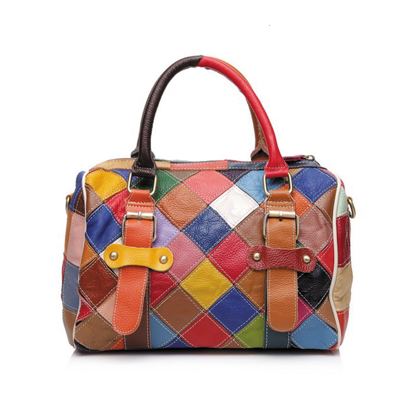 Hot Genuine Leather Handbag Fashion Plaid Colorful Patchwork Ladies Boston Bags Women Pillow Bag Bolsos Sac A Main
