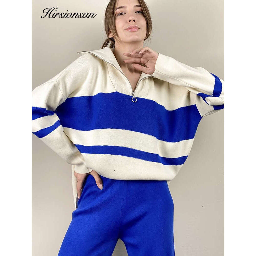 Hirsionsan Winter Cashmere Women Suits Soft 2 Pieces Cusual Female Sets Zipper Sweater & Loose Pants Knitted Outfit 2023