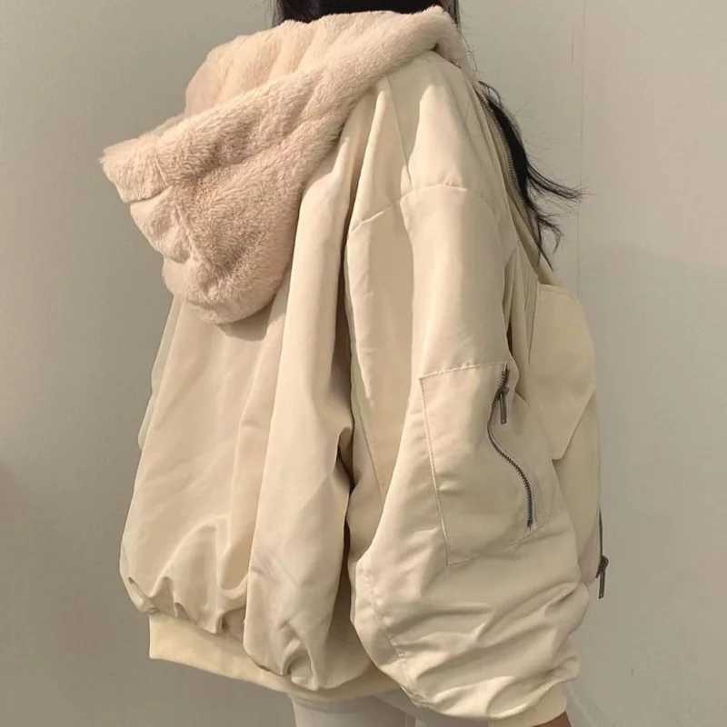 Thickened Two-Sided Wear Lambswool Cotton Jacket South Korea Plus Down WomenS Jacket Winter New Zipper Hooded Cotton Jacket Y2kX2410
