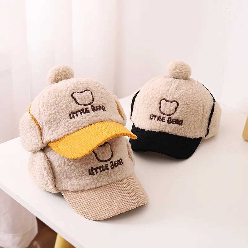 Korean Cute Bear Hat Autumn Winter Childrens Lambswool Lei Feng Hat Warm Padded Baby Ear Caps Boys Baseball Windbreaker Hat LX241018