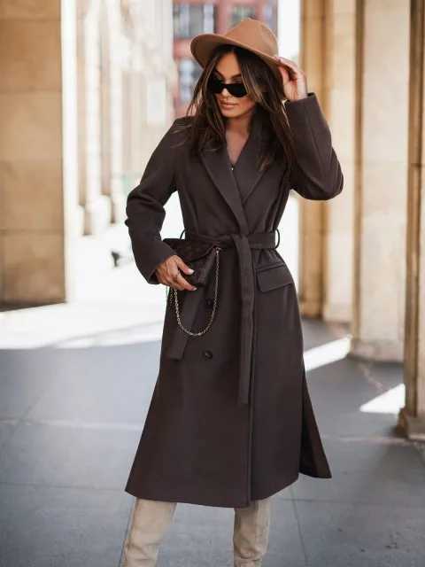 2023 Autumn and Winter Simple Long-sleeved Suit Collar Strap Woolen Long Coat Womens Clothing Coats for WomenX241009