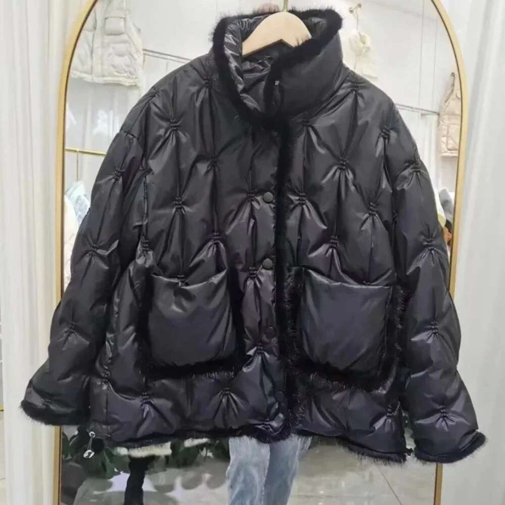 2024 New Fashion Casual Winter Puffer Jacket White Duck Women Warm Feamle Stand Collar Embroidery Down Mink Fur Coat