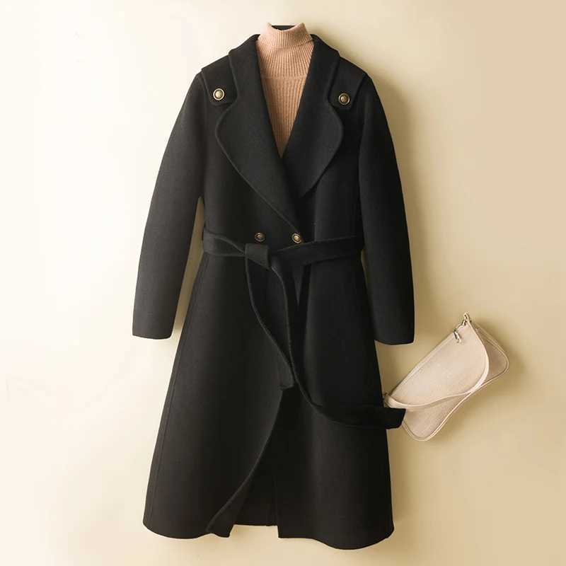 Long Coats Women Woolen Trench Jacket 100% Merino Wool Winter Fashion Lapel Belted Overcoat Autumn Vintage Thick Clothing KoreanX241009