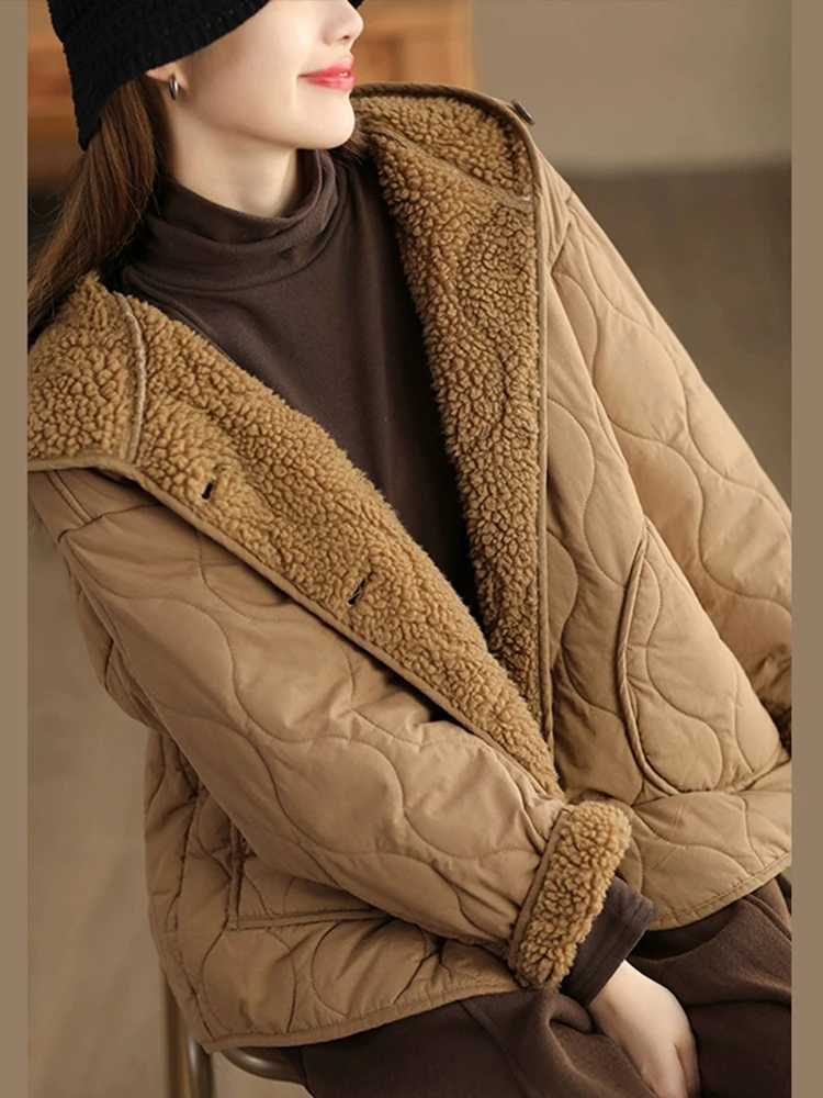 Lamb Wool Warm Jacket Thick Hooded Cotton Coat Womens Retro Long Sleeved Large Size Jacket Loose Casual Warm Comfortable WinterX241018