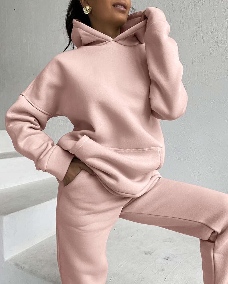 Hirsionsan Soft Cotton Fleece Women Autumn Winter Thicken Warm Hoodie Sweatshirts And Pants Two Piece Sets Ladies Tracuit