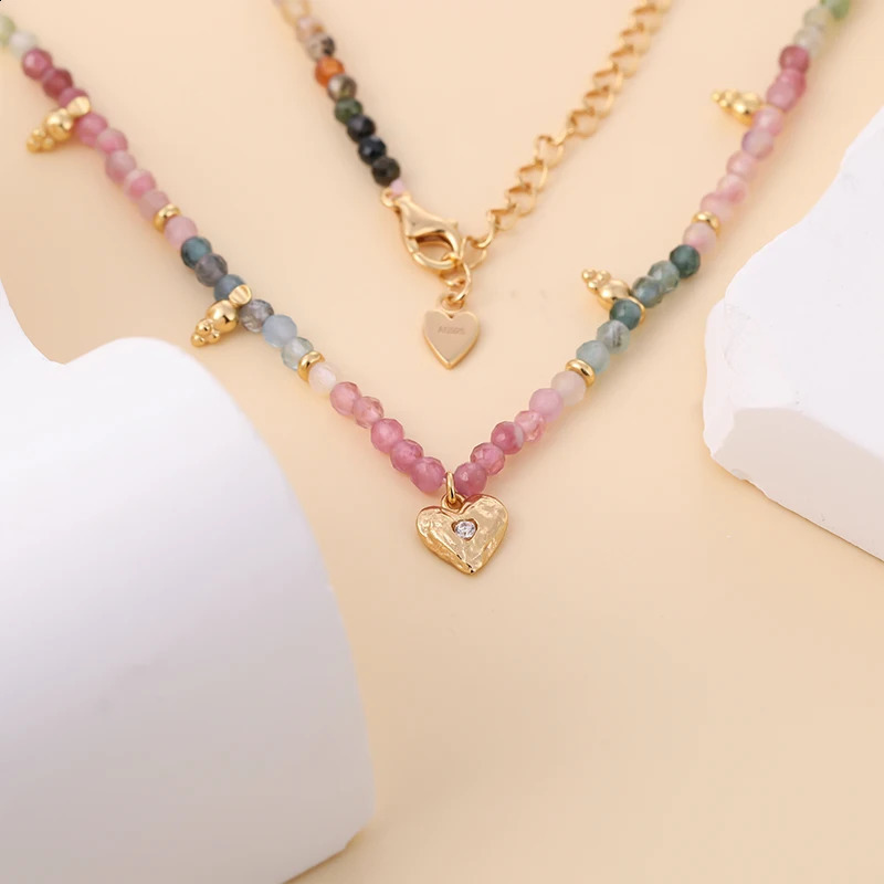 Love tourmaline inlaid necklace with natural gemstone beads pendant 925 silver 241017