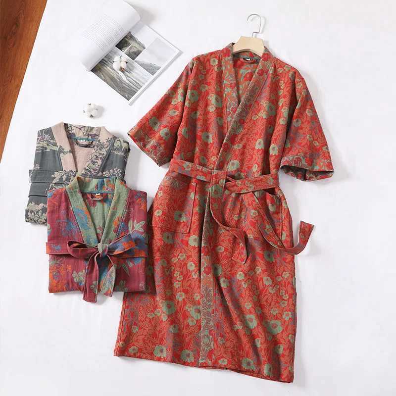 Fashion 100% Cotton Double-layer Gauze Kimono Robe Women men Bathrobe New Print Cardigan Sleepwear Night Grow Hotel Spa RobeXJ241018