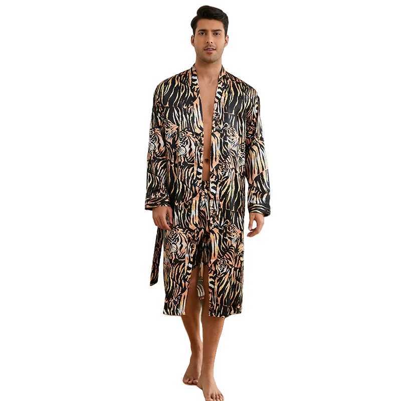 Men Bath Robe Satin Print Tiger Silk Bathrobe Home Sleepwear kimono Dressing Gown Bathrobe For MaleXJ241018