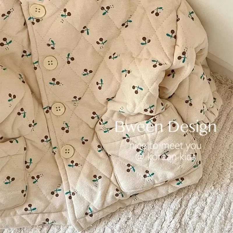 Autumn/Winter New Girl Baby Fashion Comfortable Cherry Printed Round Neck Thin Cotton Coat M241018